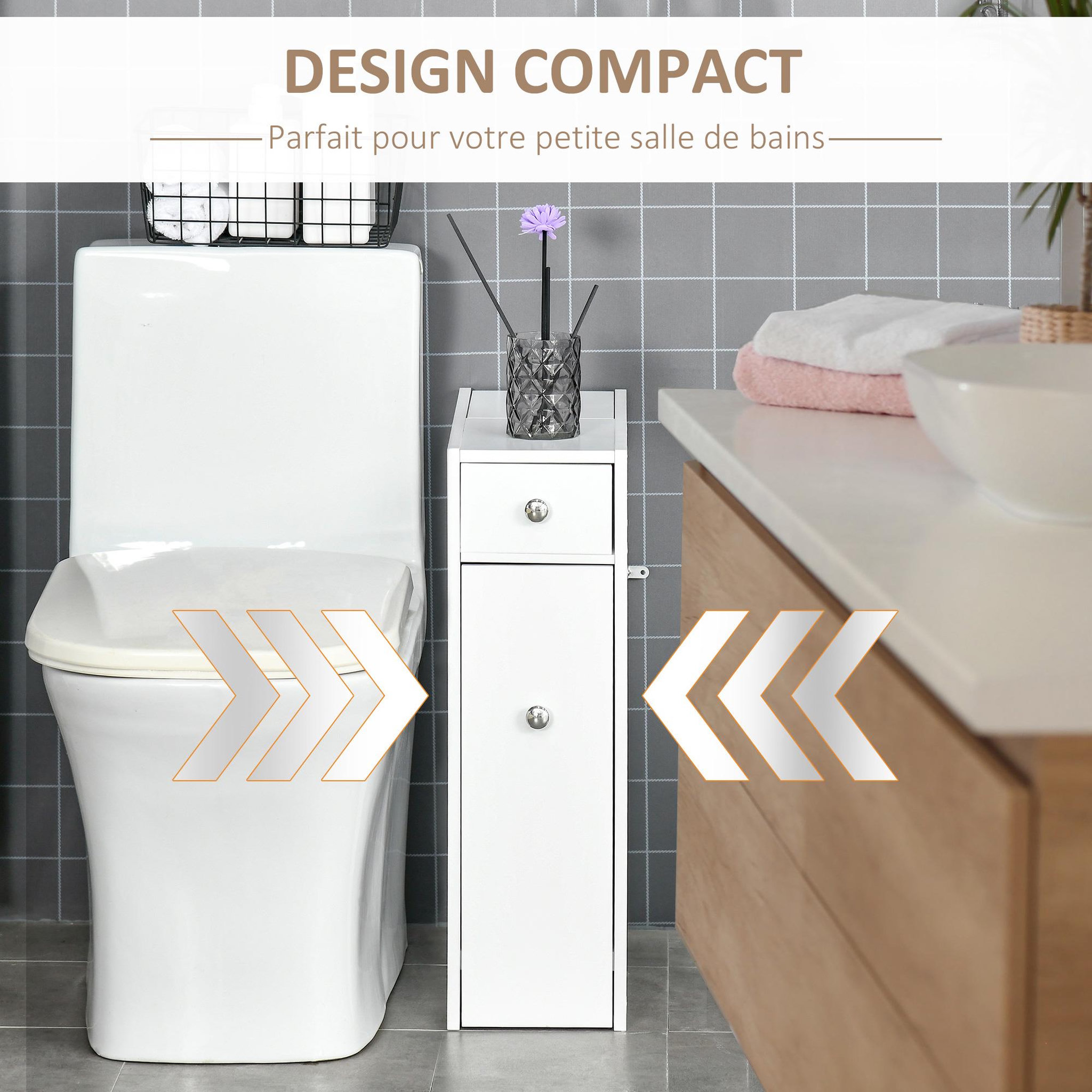 Voir la diapositive 5 : HOMCOM Support papier toilette - porte-papier toilette - armoire pour papier toilette - 2 tiroirs, coffre - mdf blanc