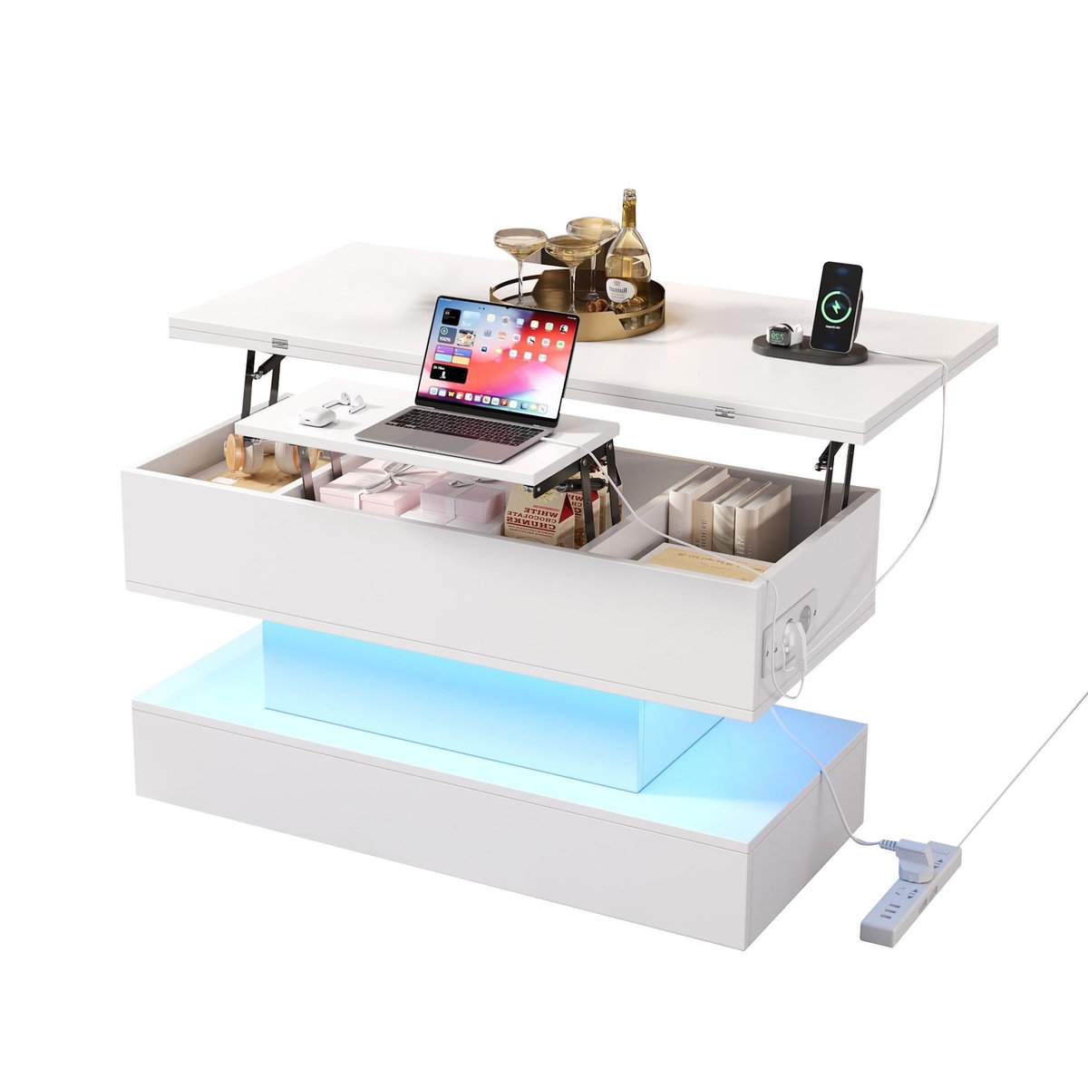MERAX Table basse relevable rectangulaire blanc - 50x100 cm led panneau de particules