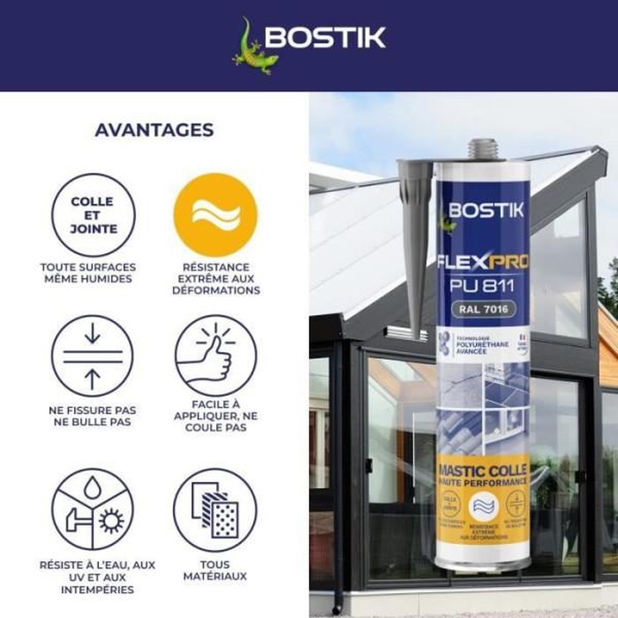 Voir la diapositive 4 : Bostik Mastic colle/joint - BOSTIK - Flexpro PU811 - Tous matériaux - Intérieur/extérieur - Anthracite RAL7016 - 300 ml