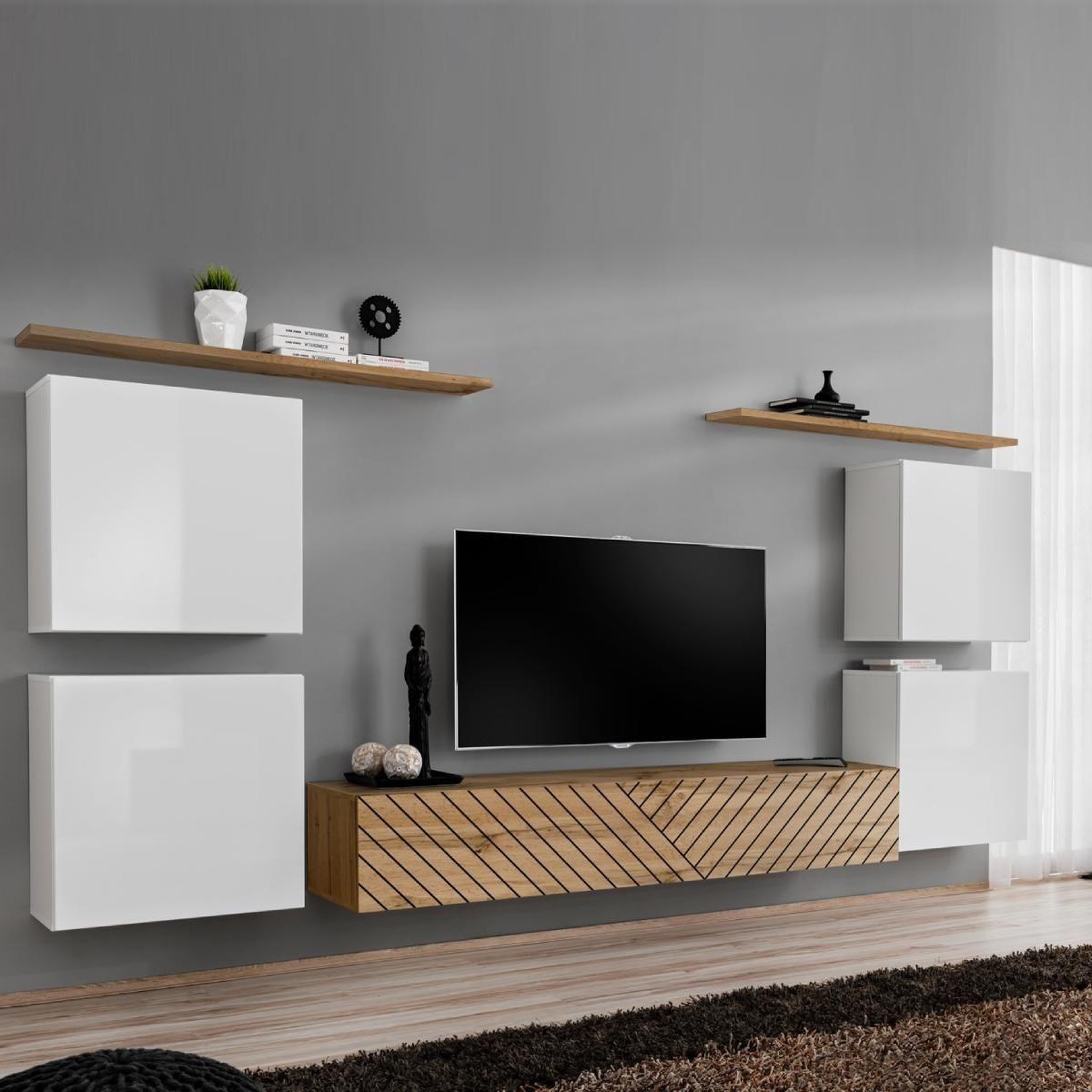 Paris Prix Ensemble meuble tv  switch lamel iv  320cm naturel & blanc