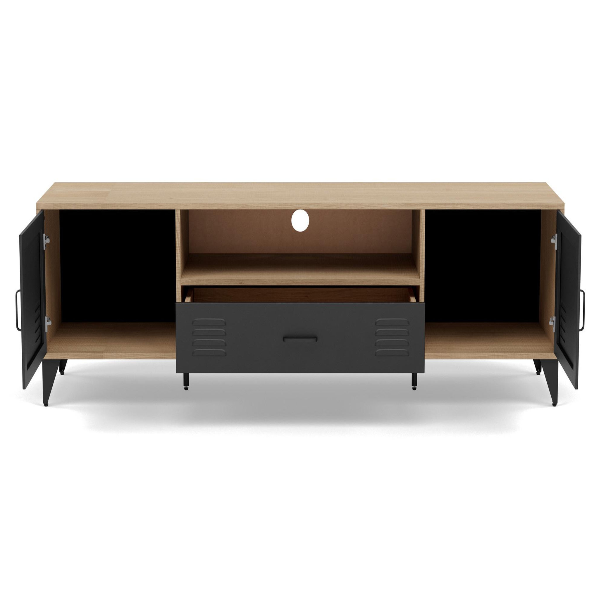 Voir la diapositive 5 : BEST MOBILIER Tribeca - meuble tv - effet bois et métal noir - 2 portes et 1 tiroir - 160 cm