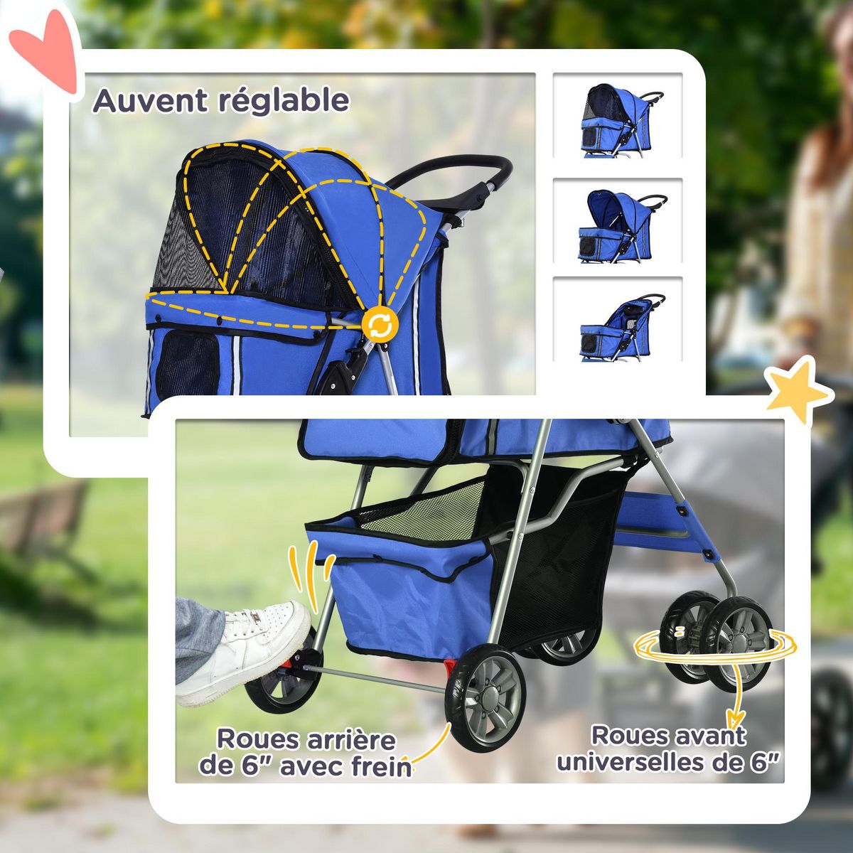 PAWHUT Poussette buggy pliable animaux chariot pliant chien chat porte-gobelet panier de rangement inclus roues avec frein tissu 600D Oxford métal bleu