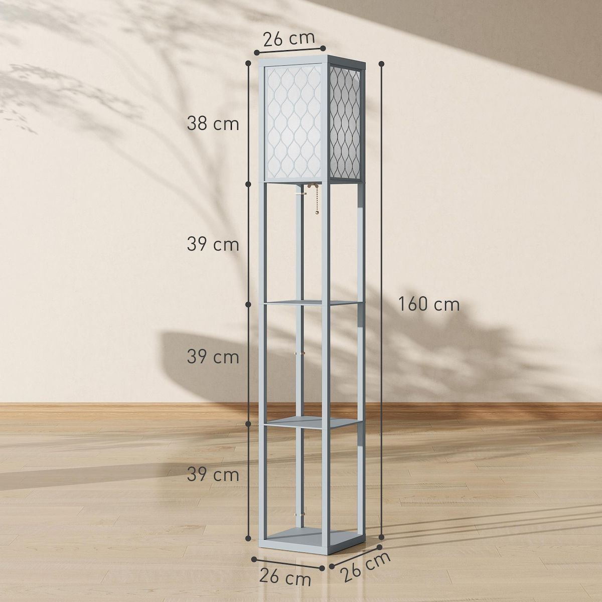 HOMCOM Lampadaire étagère lampe étagère 26L x 26l x 160H cm 3 étagères 4 niveaux MDF gris motif nid d'abeille