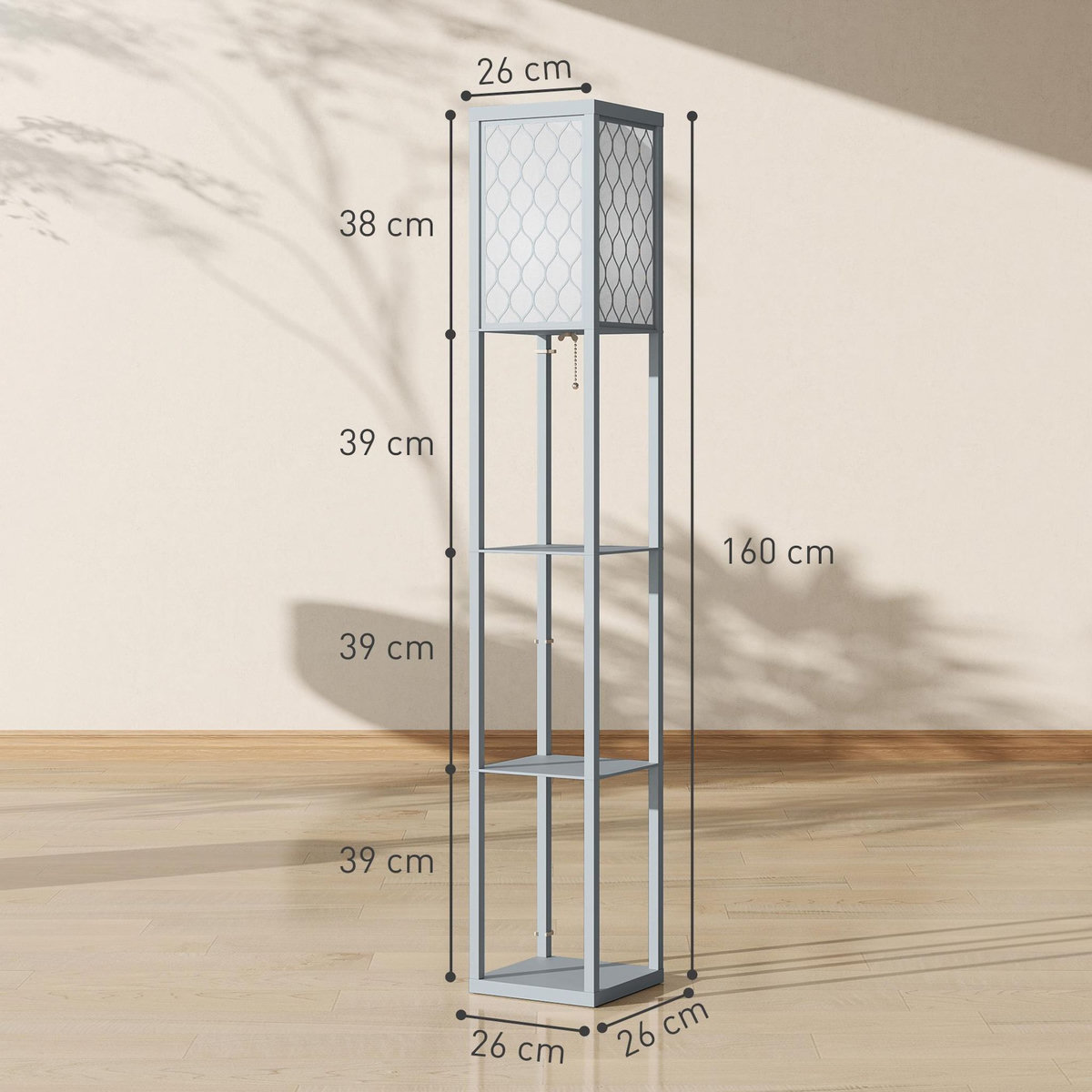 HOMCOM Lampadaire étagère lampe étagère 26L x 26l x 160H cm 3 étagères 4 niveaux MDF gris motif nid d'abeille