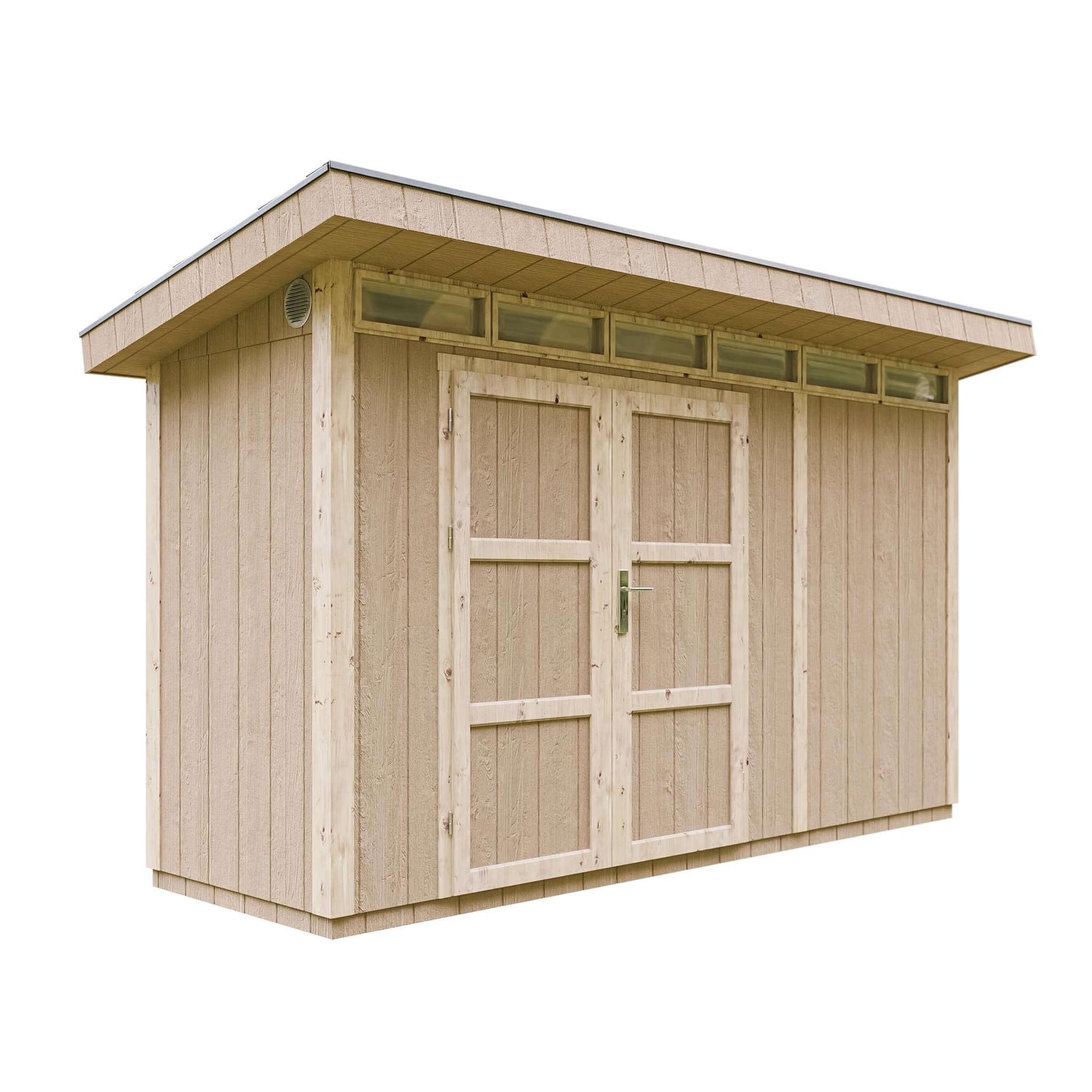 TIMBELA Abri de Jardin Qualité Premium 4m²L161xL412xH239cm avec sol, bardeaux bitumineux M902A. Coloris disponibles : Jaune, Marron, Gris, Beige, Rouge