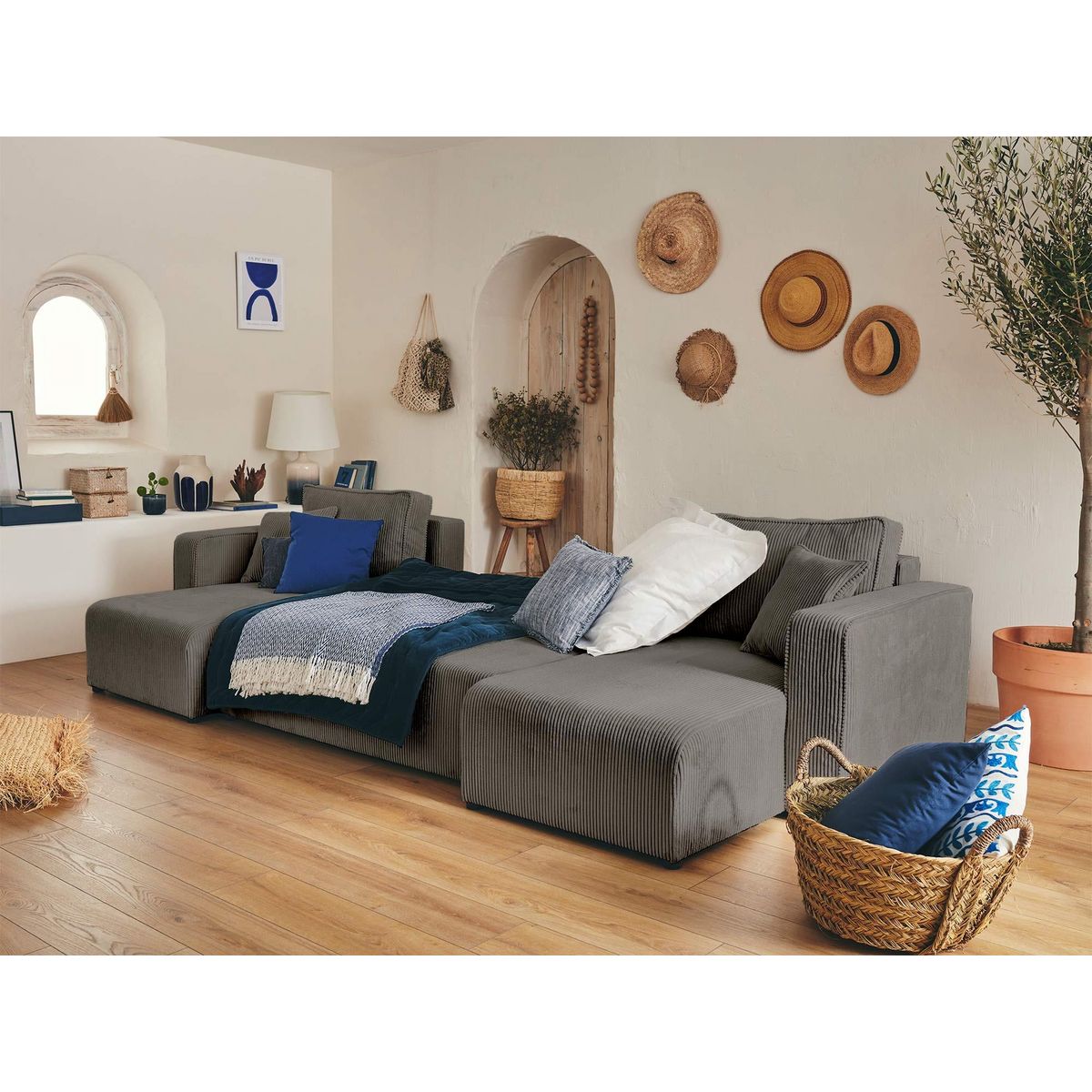 BEST MOBILIER Topaze - canapé panoramique en u - 7 places - convertible avec coffre - en velours côtelé