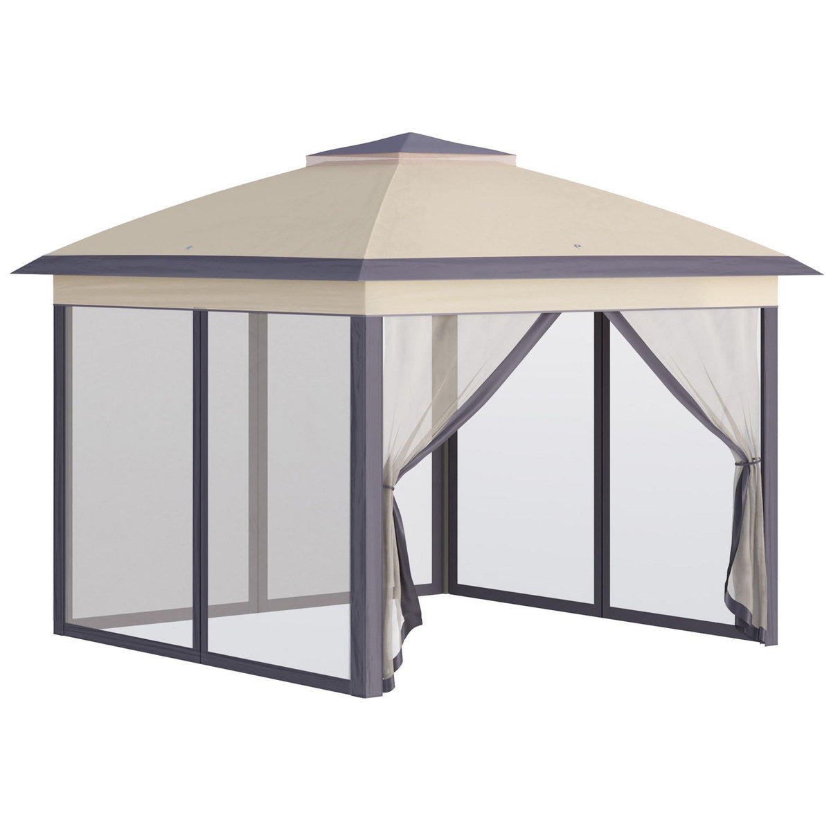 OUTSUNNY Tonnelle barnum de jardin pop-up pliant - dim. 3,30L x 3,30l x 2,88H m - hauteur réglable, double toit, sac transport - métal époxy, oxford, moustiquaires - beige gris