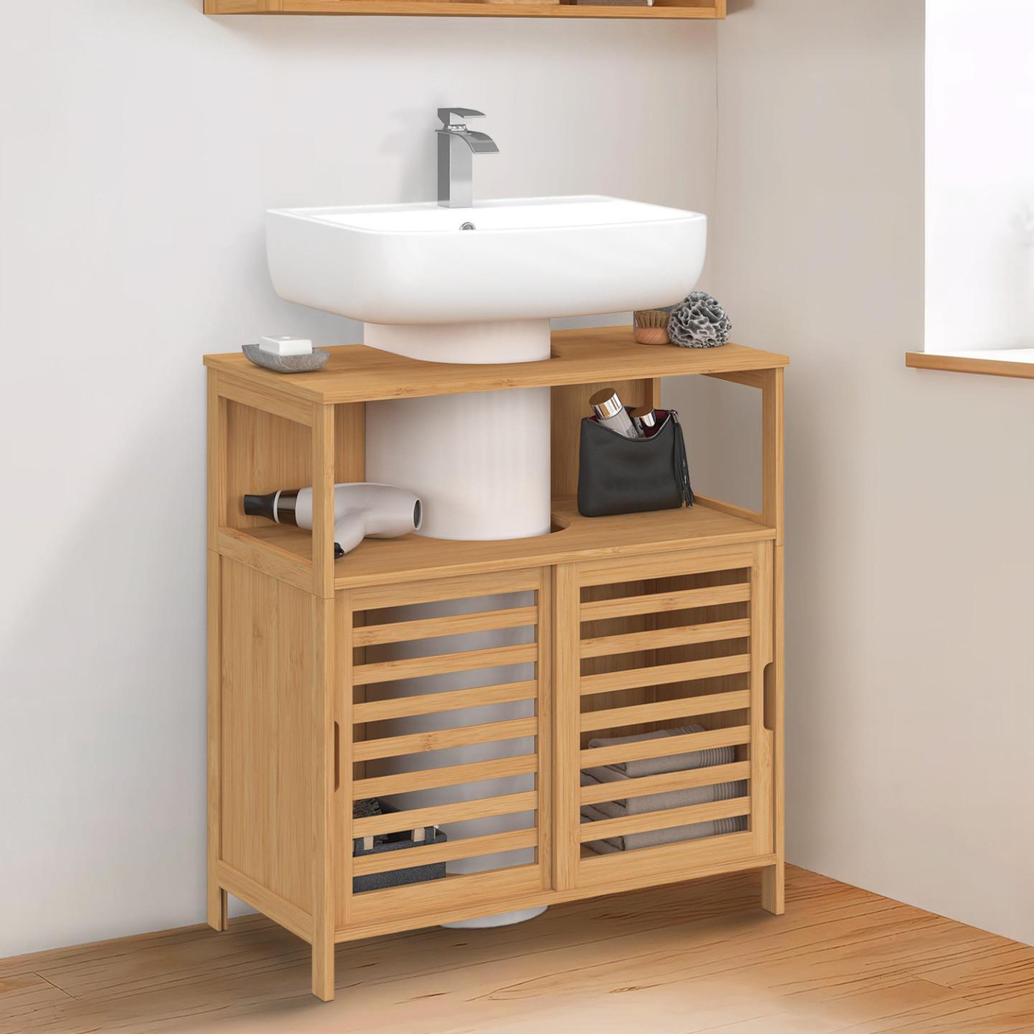 Voir la diapositive 2 : ID MARKET Meuble sous lavabo salle de bain bambou bea avec portes coulissantes