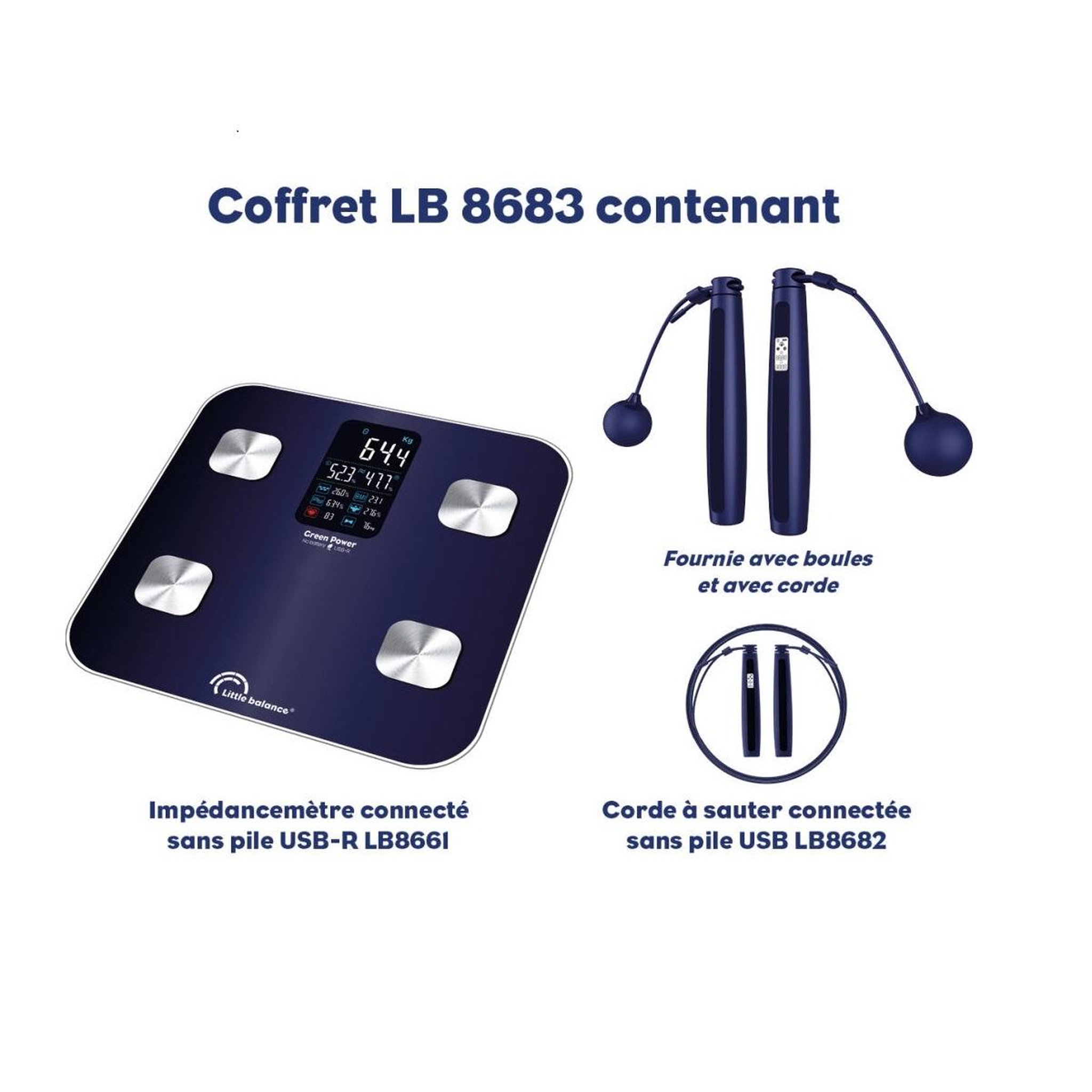 Voir la diapositive 2 : LITTLE BALANCE Impédancemètre connecté 180kg/100g + corde à sauter - 8683
