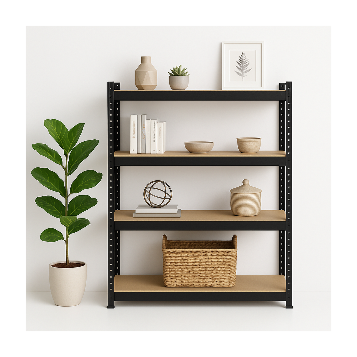 INTEC Etagère de Rangement Charges lourdes 1600kg Noire 160 x 60 x H180cm - Rayonnage Métal 4 Plateaux Bois INTEC