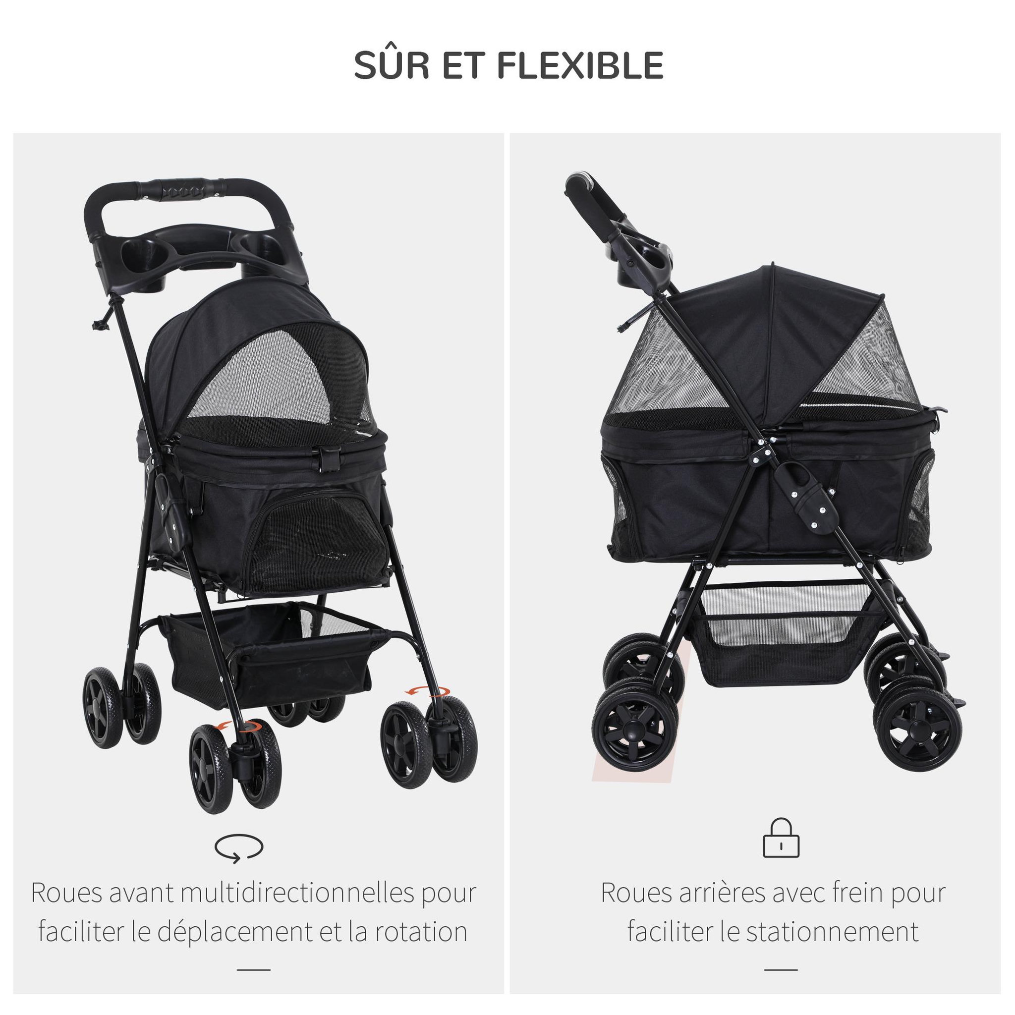Voir la diapositive 5 : PAWHUT Poussette buggy pliable chien chat panier rangement porte-gobelets tissu 300d oxford imperméable 4 roues noir