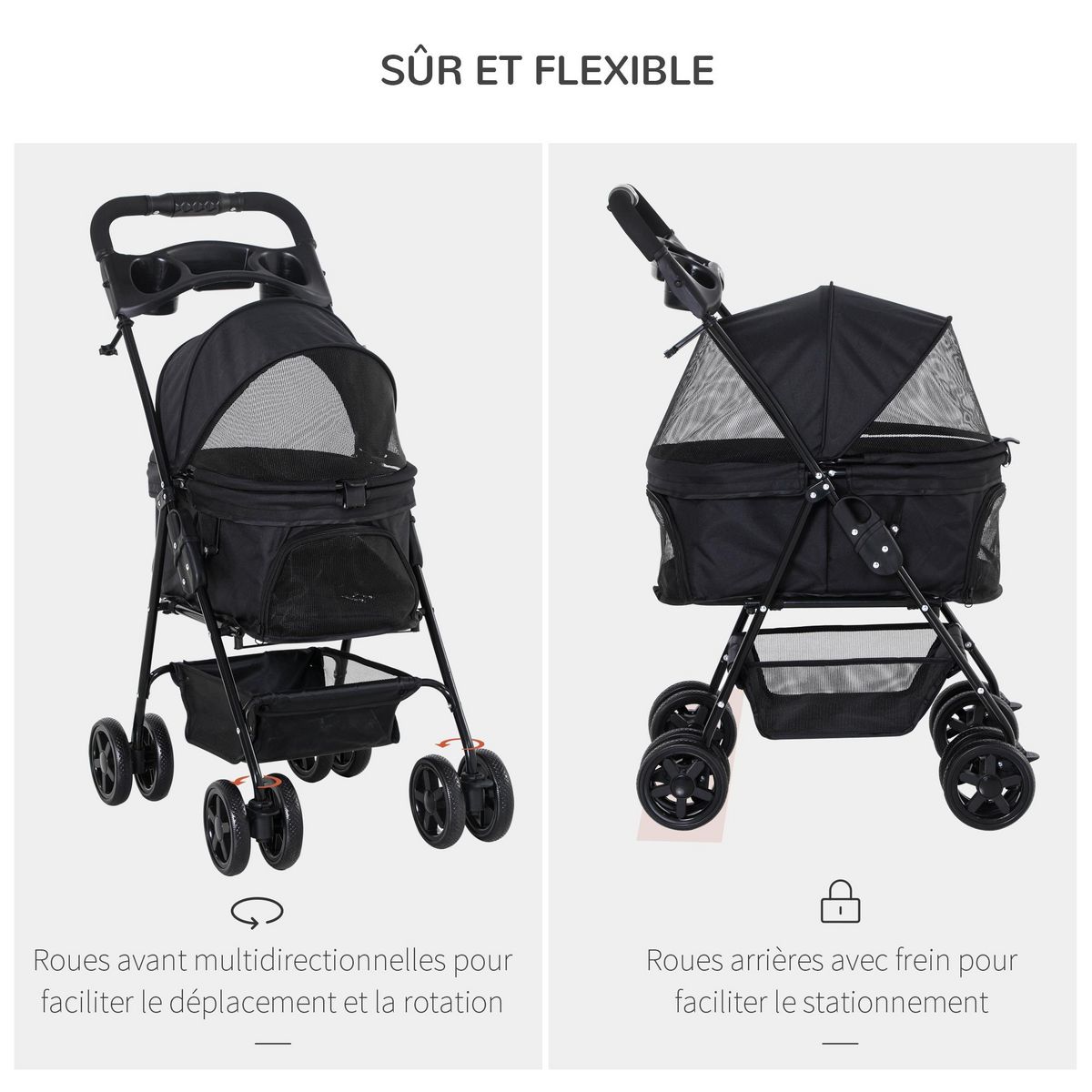 PAWHUT Poussette buggy pliable chien chat panier rangement porte-gobelets tissu 300D Oxford imperméable 4 roues noir