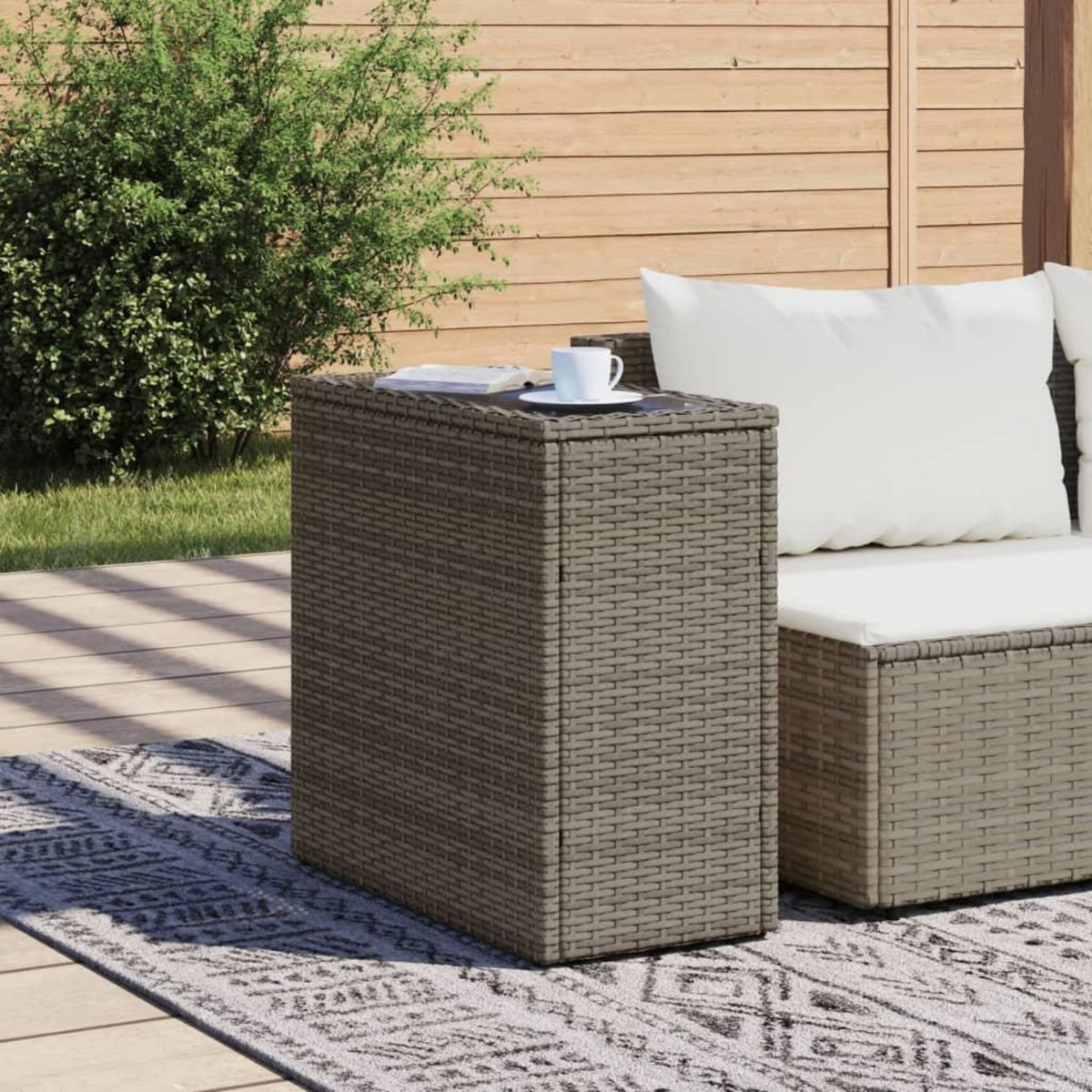 VIDAXL Table d'appoint de jardin avec dessus en verre gris rotin