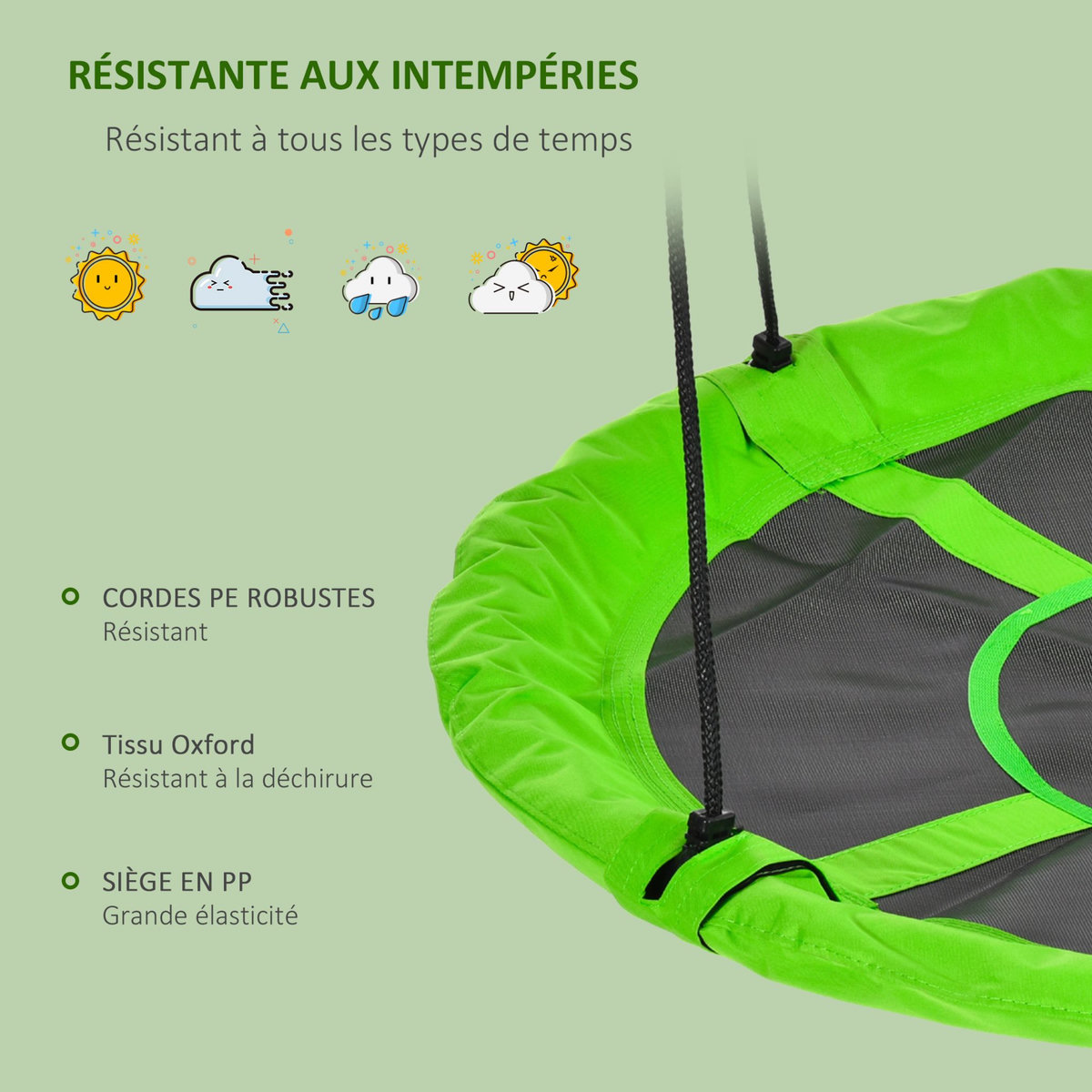 OUTSUNNY Balançoire nid d'oiseau ronde balançoire panier Ø 110 cm 4 anneaux inclus métal époxy Oxford haute densité vert