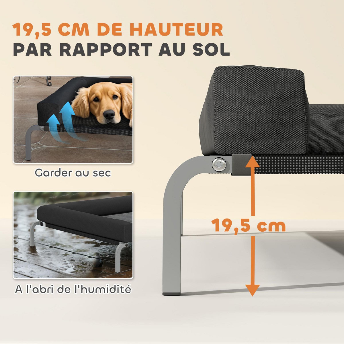 PAWHUT Transat pour animaux - lit pour chien - lit à pieds pour chien avec contour coussin dim. 130 x 90 x 30 cm - noir