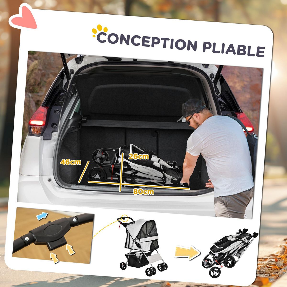 PAWHUT Poussette buggy pour chiens 75L x 46l x 94H cm pliable imperméable tissu 600D Oxford 4 roues gris