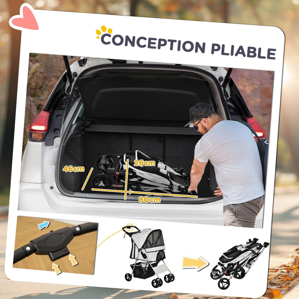 PAWHUT Poussette buggy pour chiens 75L x 46l x 94H cm pliable imperméable tissu 600D Oxford 4 roues gris