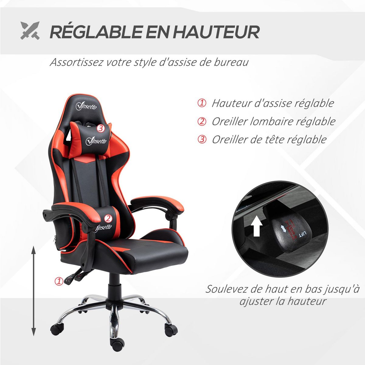 VINSETTO Fauteuil de bureau gamer style baquet racing - pivotant, inclinable - coussins tétière et lombaires inclus - revêtement PU rouge noir