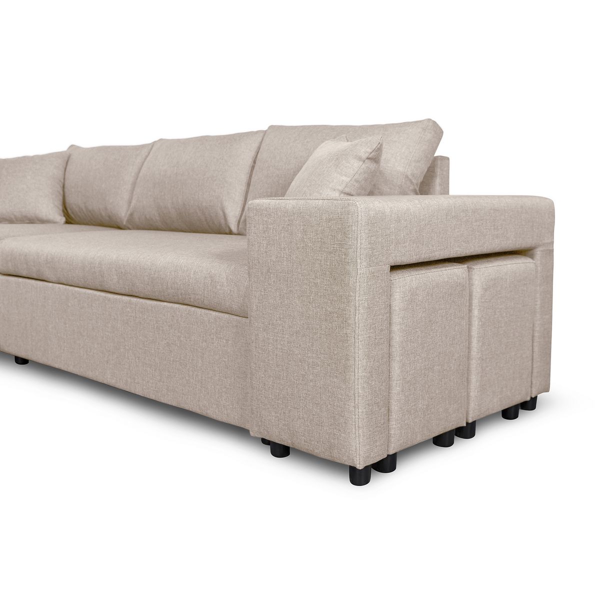 Canapé d'angle réversible convertible avec coffre + 2 poufs avec niche fixe à droite ANETTA