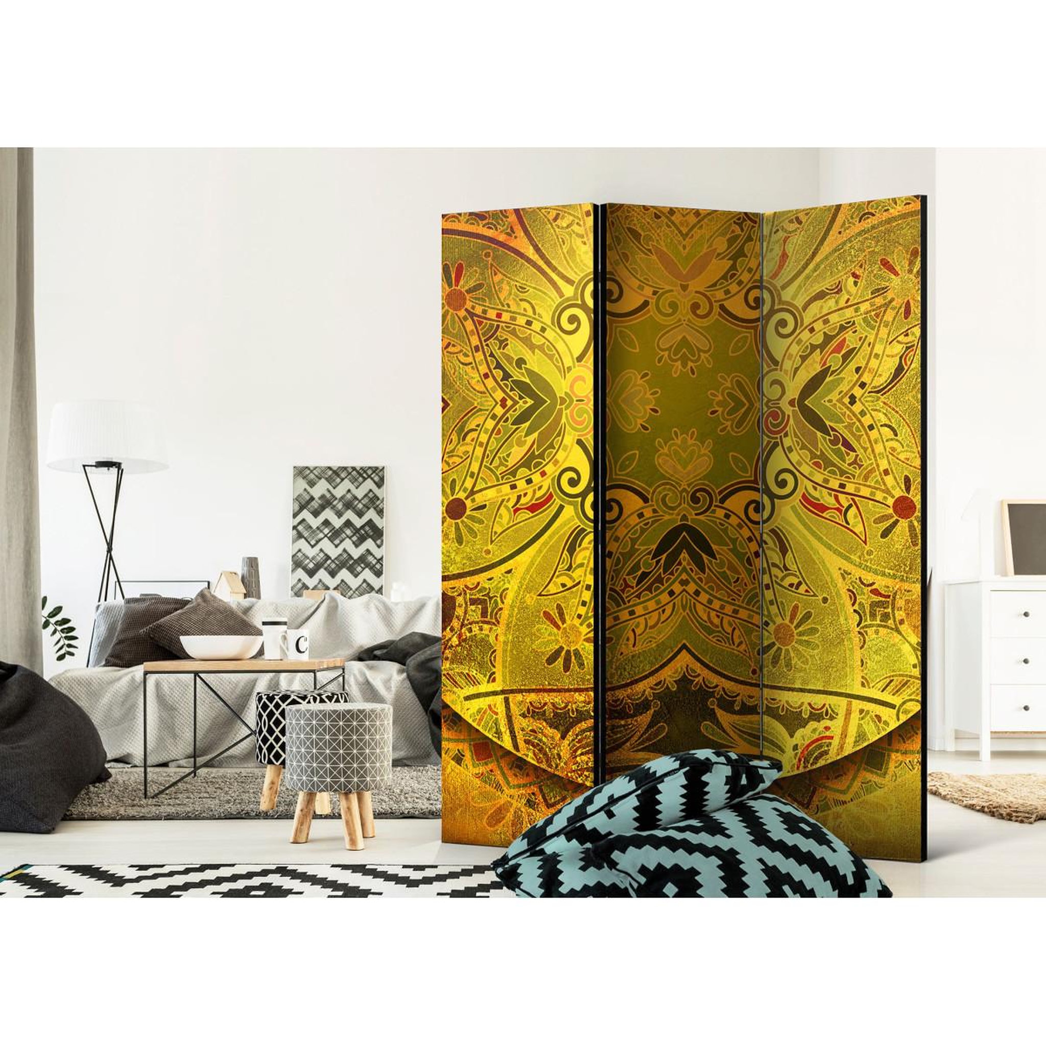 Voir la diapositive 2 : Paris Prix Paravent 3 volets  mandala : force d'or  135x172cm