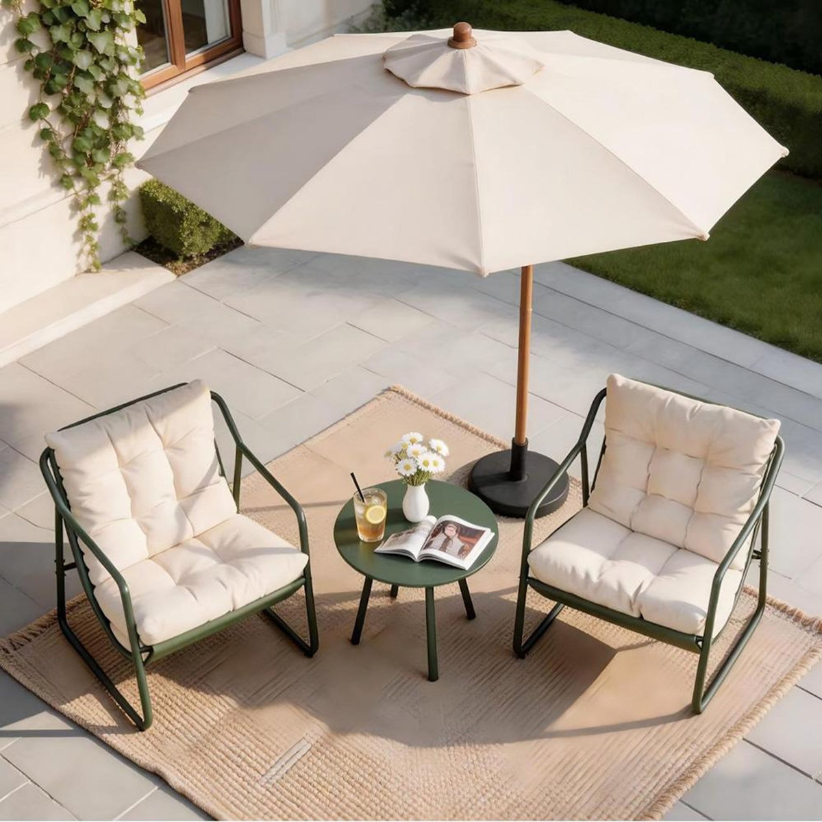 CONCEPT USINE Ensemble de jardin 2 fauteuils vert kaki avec table basse ATRANI