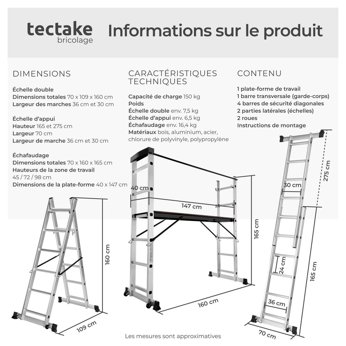 tectake Échafaudage plateforme multifonctions 4-en-1 argent