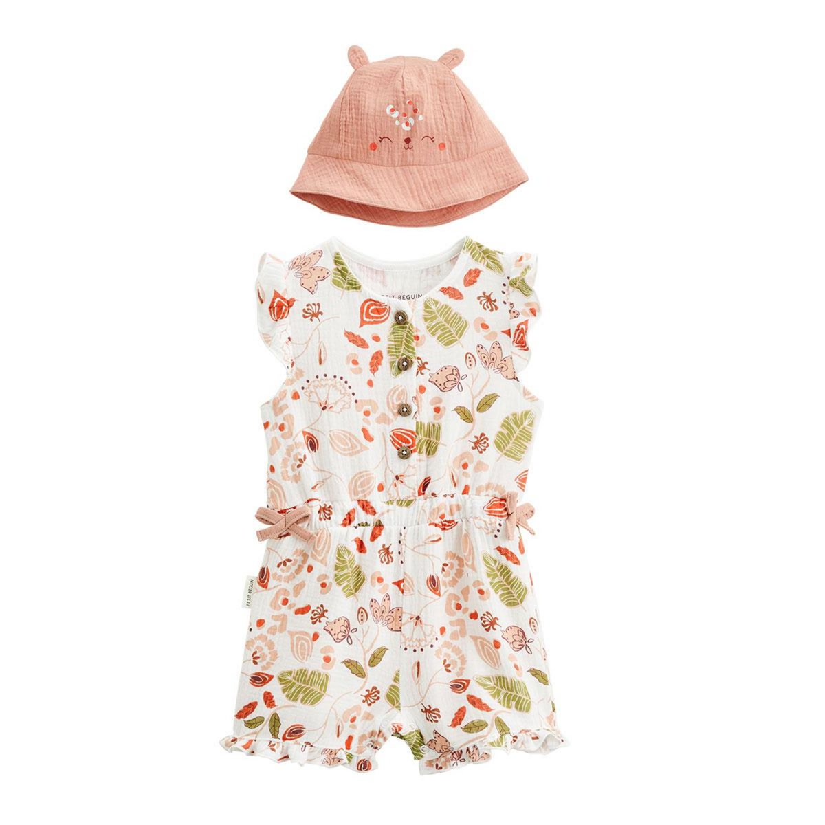 Petit Béguin Combishort bébé + chapeau en gaze de coton Mindanao