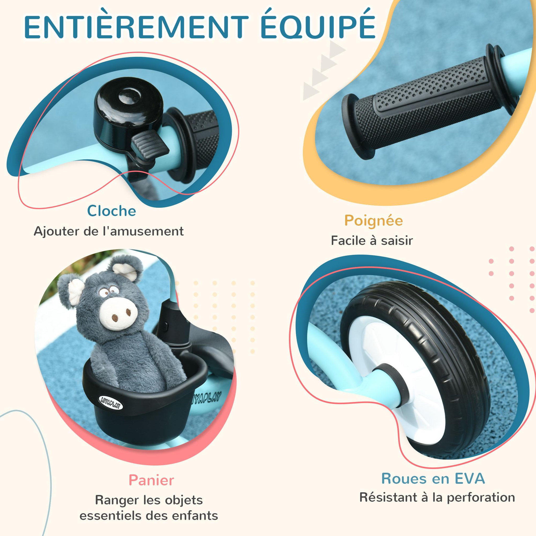 Voir la diapositive 5 : HOMCOM Tricycle enfant multi-équipé garde-boue sonnette panier pédales antidérapantes siège réglable avec dossier métal bleu ciel