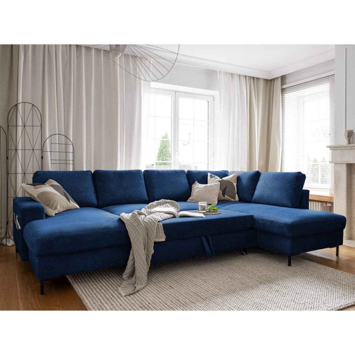 BEST MOBILIER Lilly - canapé panoramique d'angle droit - 7 places - convertible avec coffre - en velours côtelé