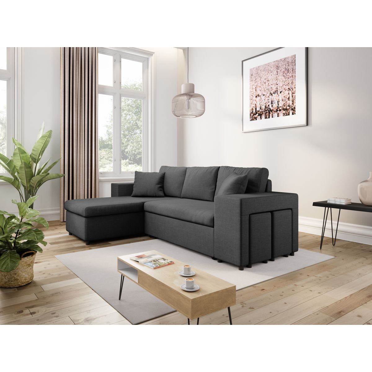 Canapé d'angle convertible avec coffre 3 places + 2 poufs à droite et étagère à gauche MACHA