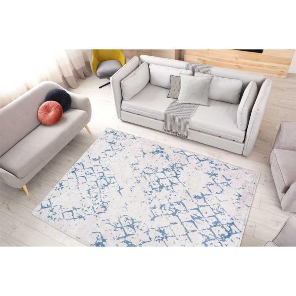 Paris Prix Tapis Tissé Imprimé Vintage  Peron IV  Blanc & Bleu