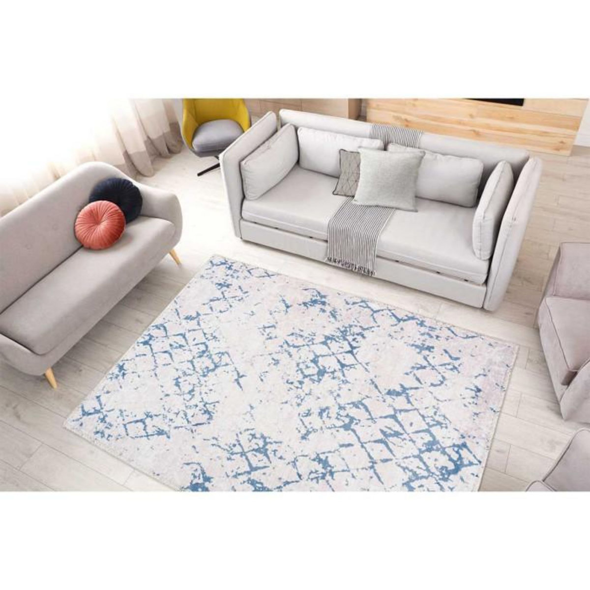 Paris Prix Tapis Tissé Imprimé Vintage  Peron IV  Blanc & Bleu