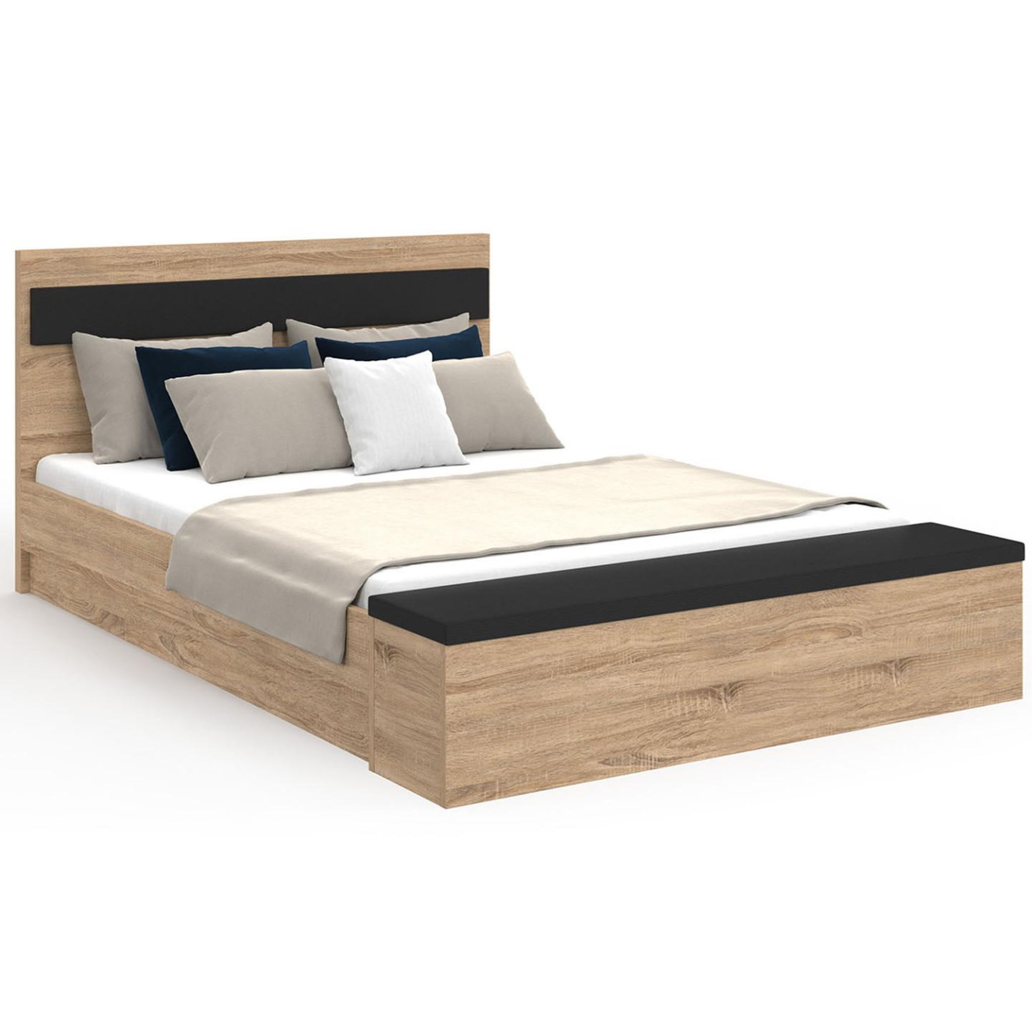 ID MARKET Lit double gaelle tête de lit + banc coffre et sommier 140 x 190 cm bois et noir