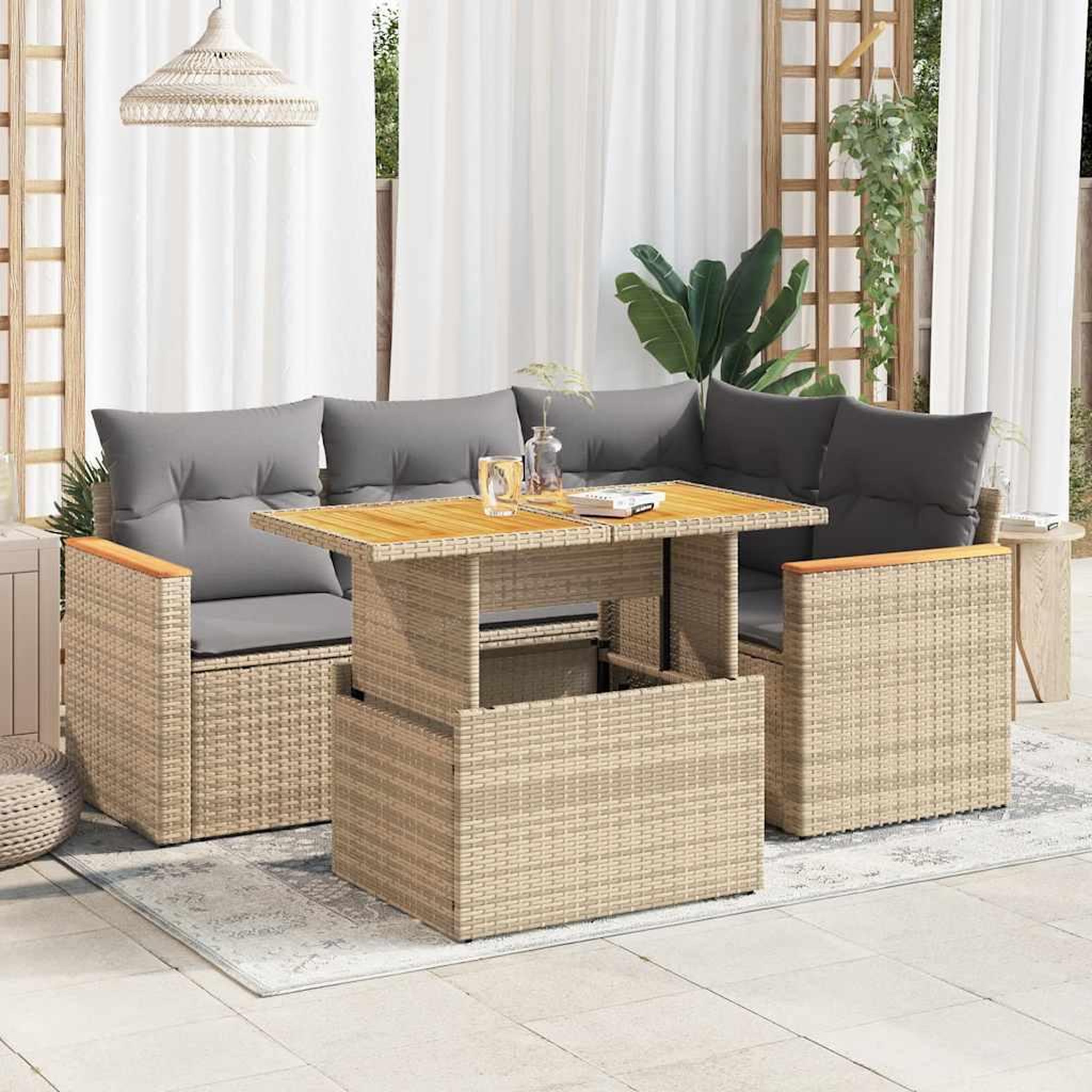 VIDAXL Salon de jardin avec coussins 5 pcs beige resine tressee acacia