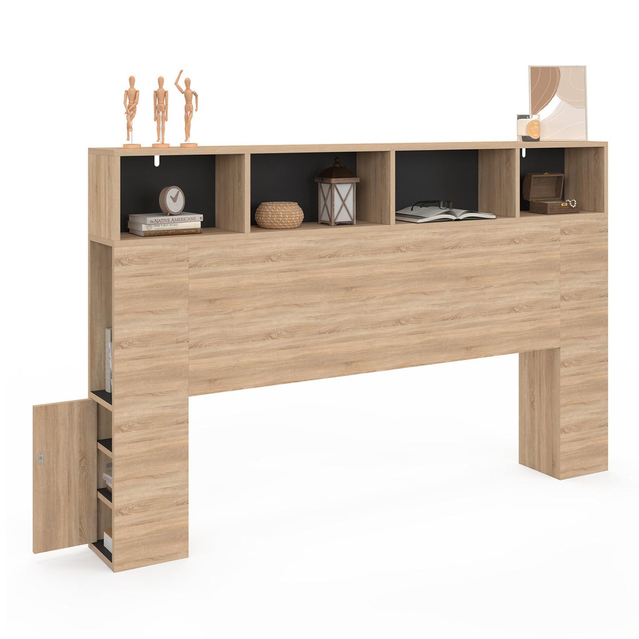 ID MARKET Tête de lit sur pied cleo 165 cm avec rangements fermés et niches façon hêtre et noir
