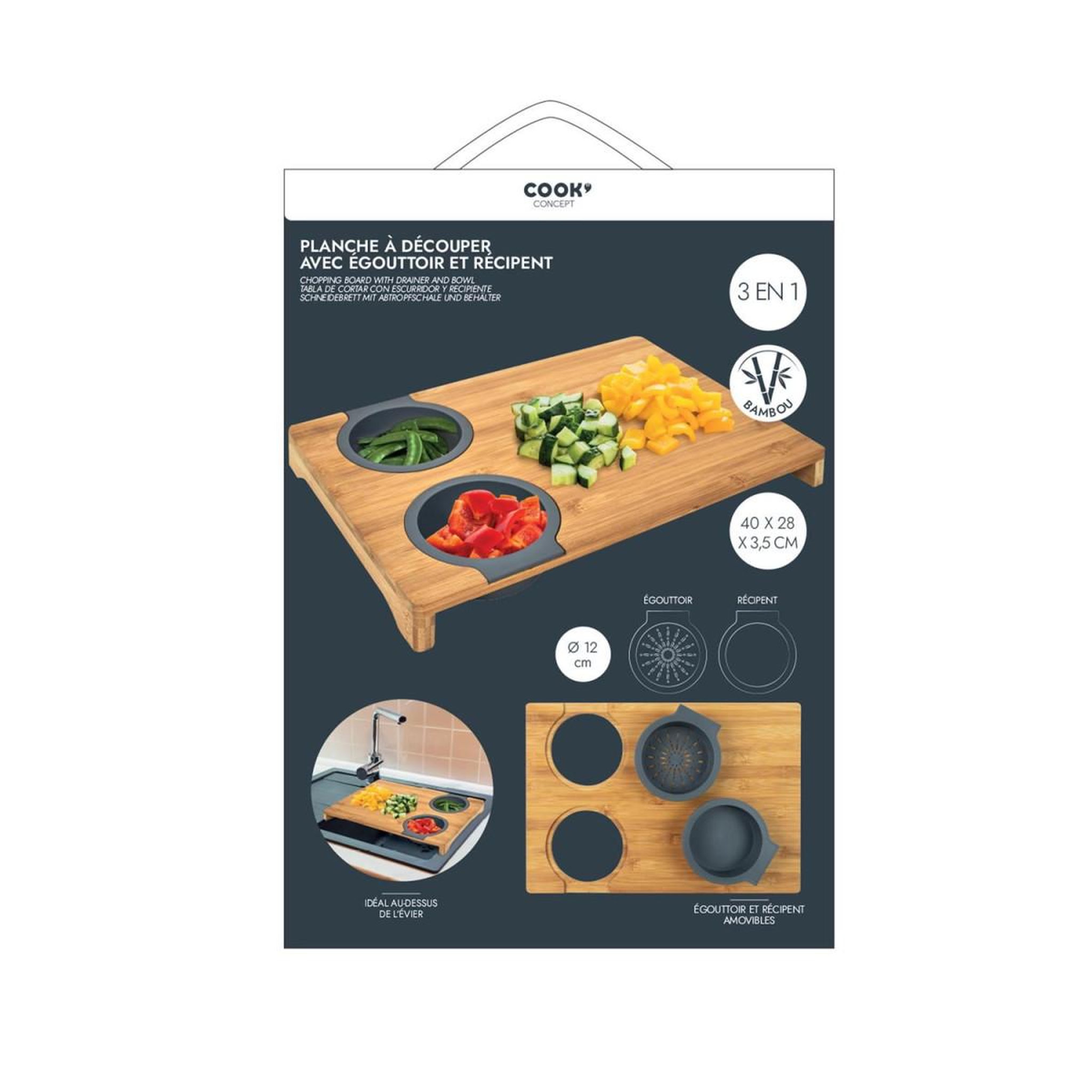 Voir la diapositive 4 : COOK CONCEPT Planche à Découper  3 en 1  40cm Naturel