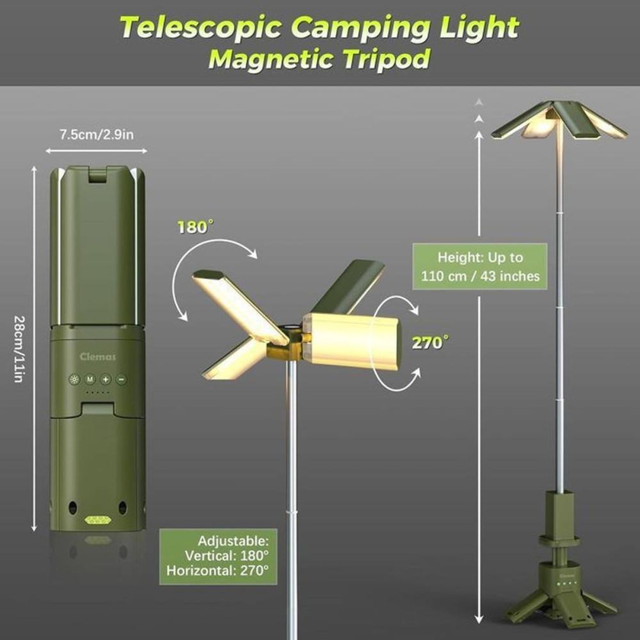 Voir la diapositive 2 : Lampe de camping rechargeable 14000 mAh 6000 lumens trépied télescopique magnétique étanche vert