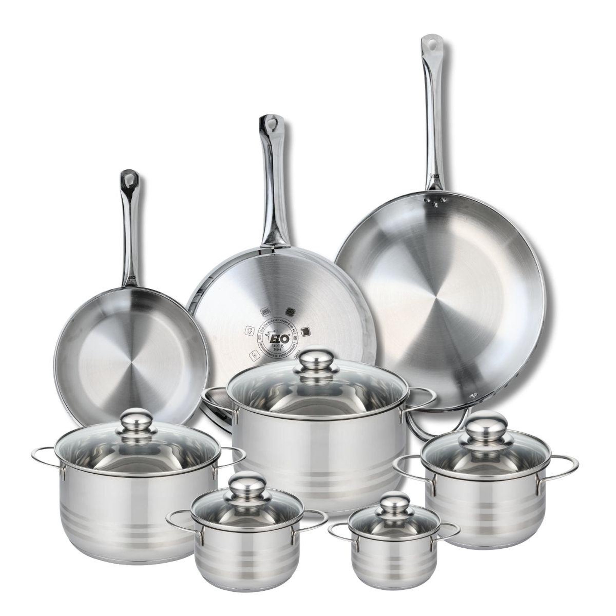 ELO Ensemble de 3 poêles de cuisson 24, 28 et 32 cm et 5 faitouts 12, 14, 16, 20 et 24 cm elo profi brillant