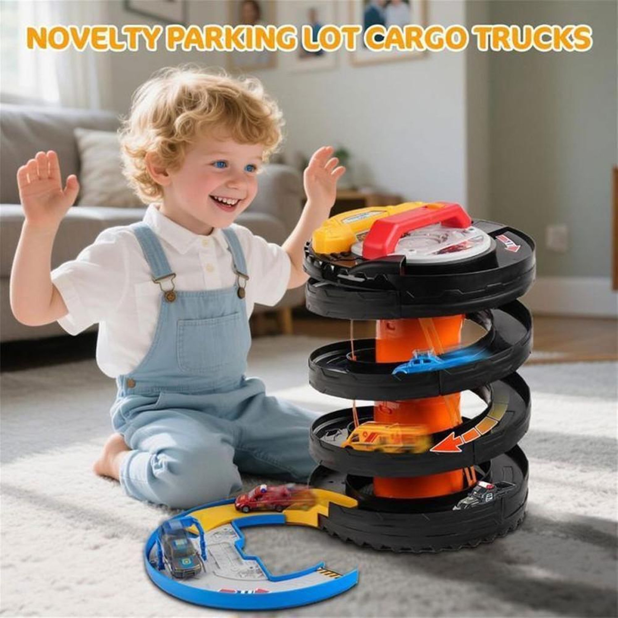 Voir la diapositive 3 : Circuit de course 2-en-1 pliable avec 5 mini voitures, boucle spirale/pancake, lumières et sons pour enfants dès 3 ans