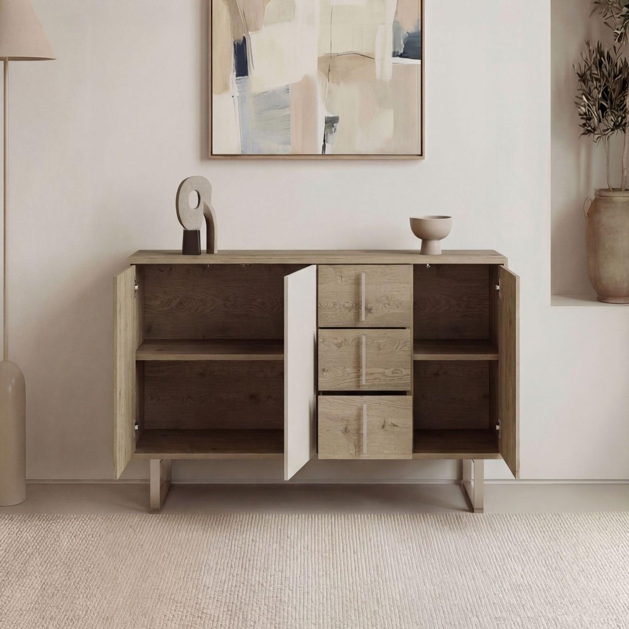 Voir la diapositive 5 : CASANOVA PARIS Minela - buffet 3 portes 180cm en mélamine - chêne clair