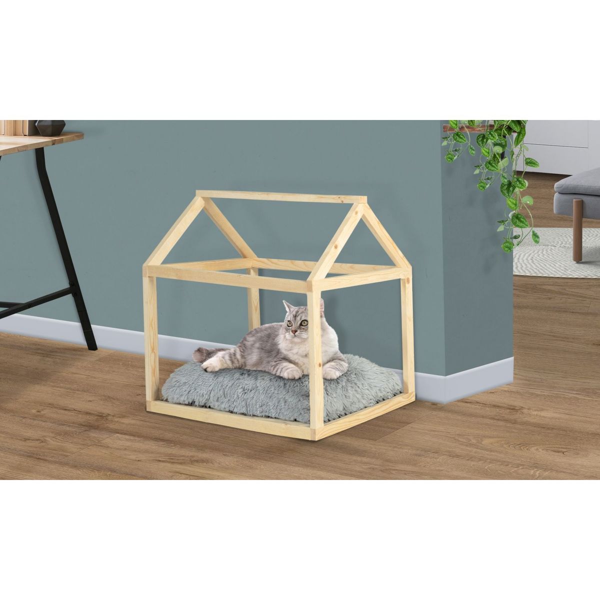 IDOMYA ESSENTIALS Lit cabane pour chat avec coussin gris
