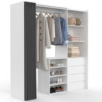 ID MARKET Dressing extensible XXL MARTY 120/170 x 50 x 180 cm blanc avec 4 tiroirs + étagères + penderie + rideau gris
