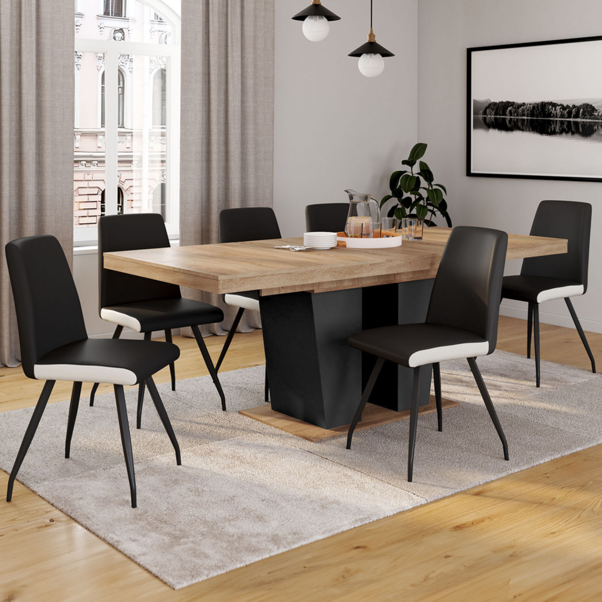 ID MARKET Lot de 6 chaises ADA noires liseré blanc pied araignée pour salle à manger