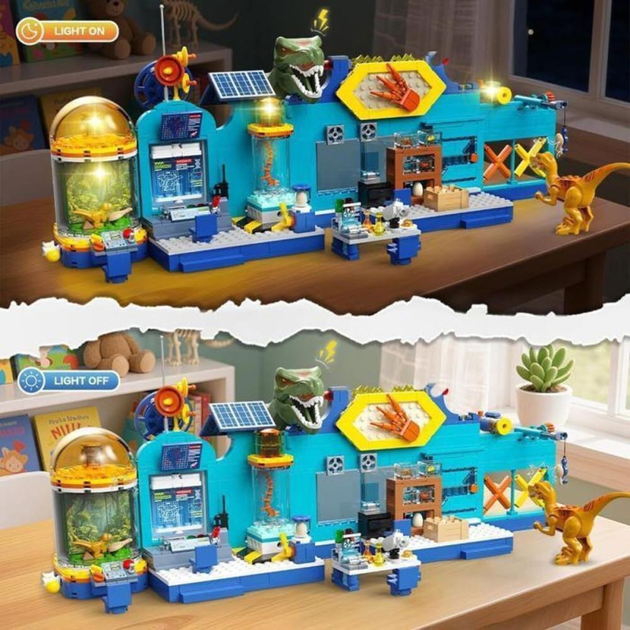 Voir la diapositive 3 : Jeu de construction 2 en 1 Dinosaure avec LED, centre de recherche, 837 pièces et 2 dinos articulés