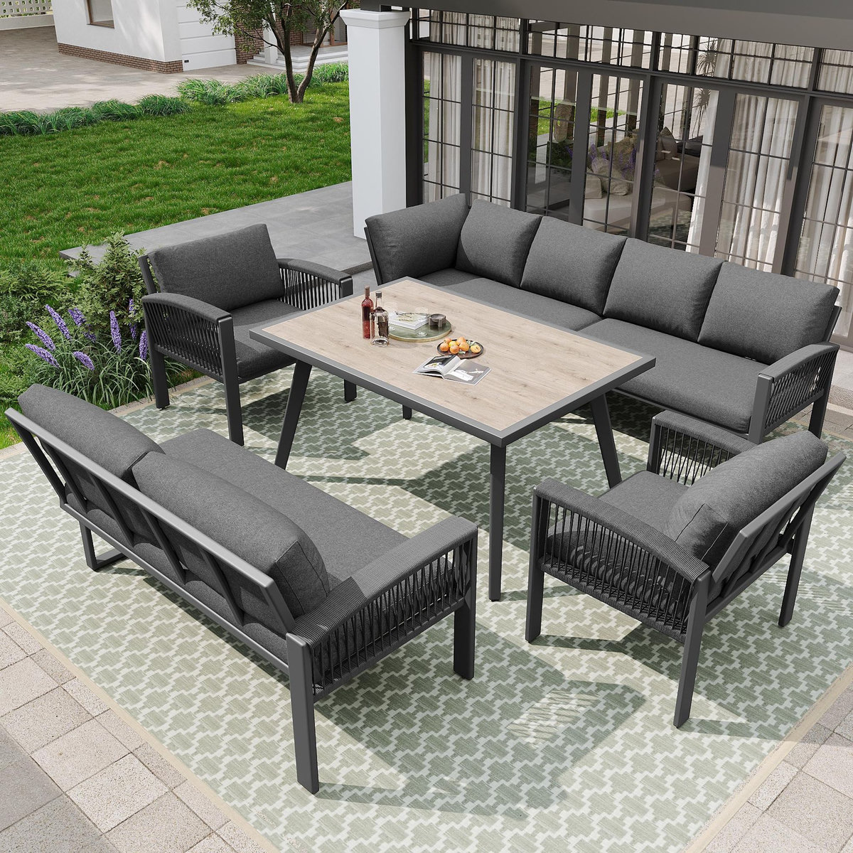 MERAX Salon de jardin 8 places en fer avec table aspect bois, pieds réglables, coussins fournis, gris