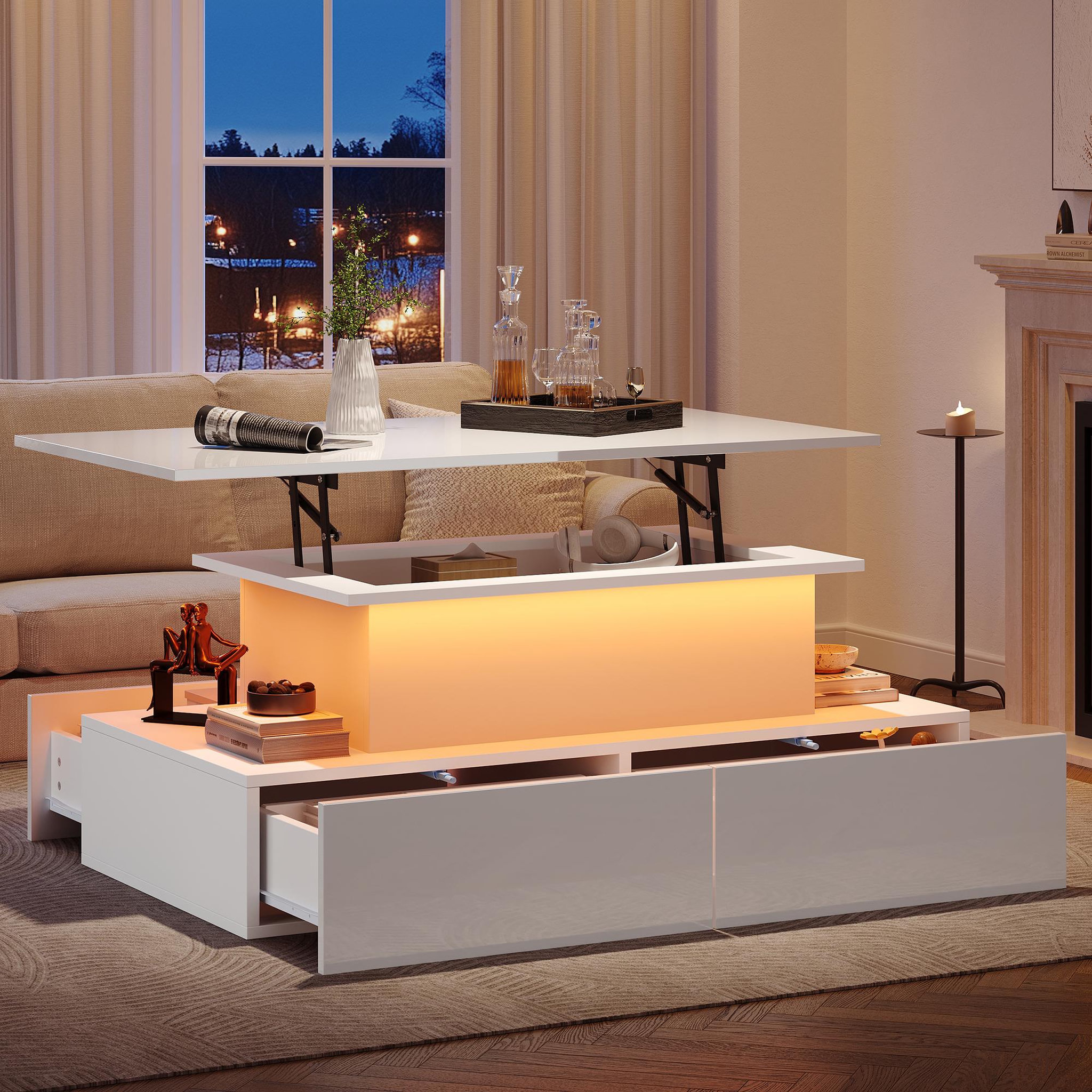 Voir la diapositive 3 : MERAX Table Basse 4 Tiroirs Et Plateau Relevable