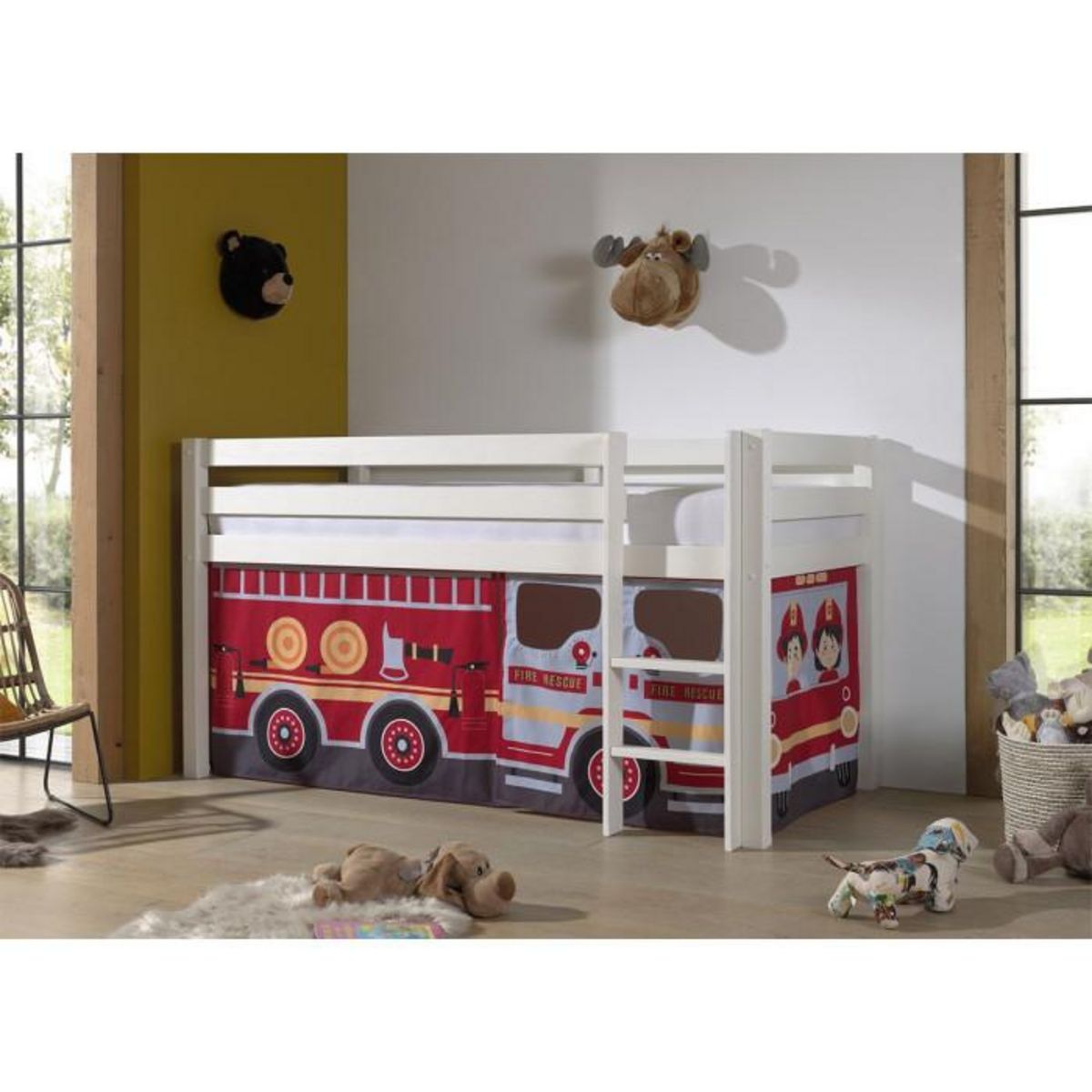Paris Prix Lit Enfant Surélevé  Pino Fire Truck  90x200cm Blanc