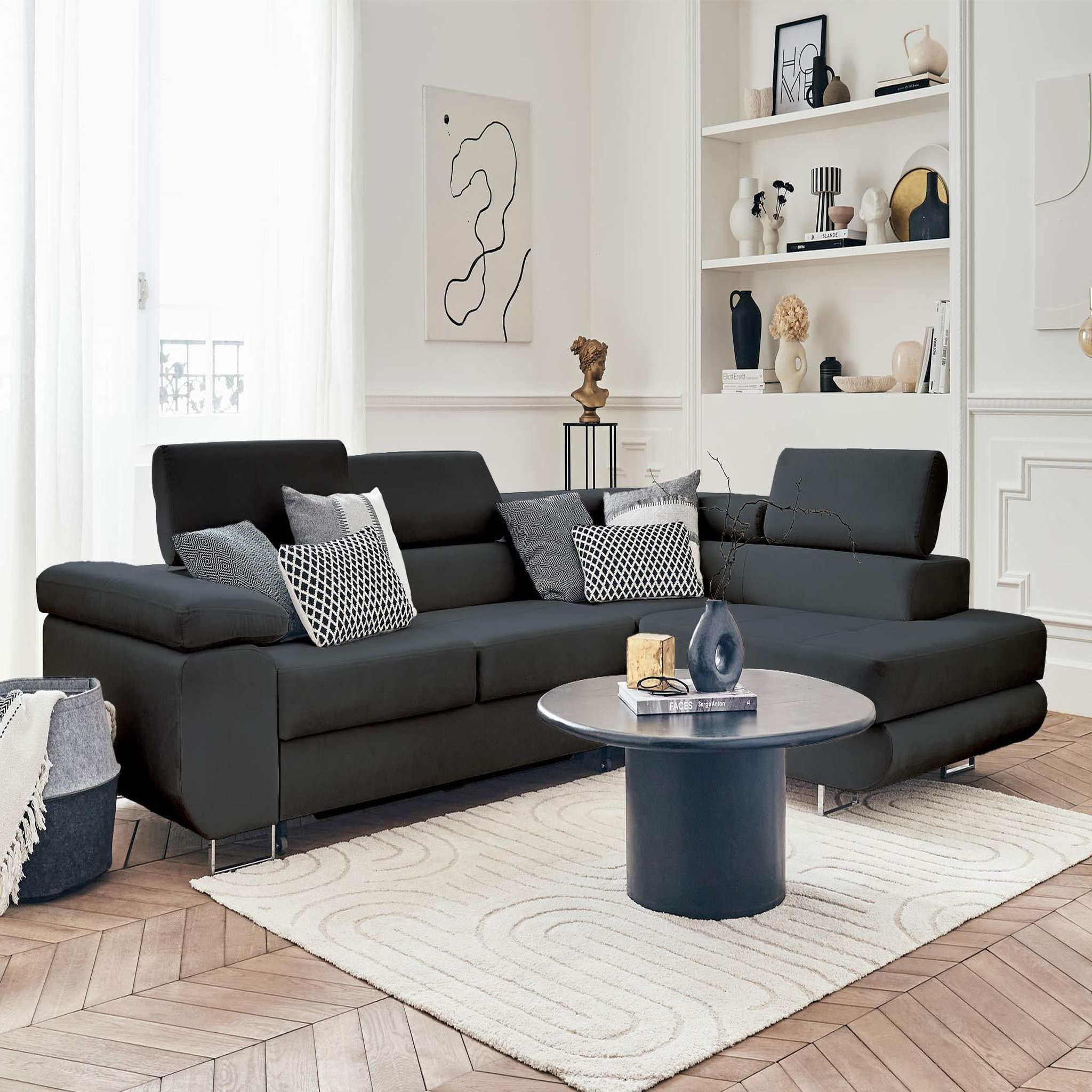 Voir la diapositive 6 : BEST MOBILIER Pablo - canapé d'angle droit - 5 places - convertible avec coffre et têtières réglables - en velours