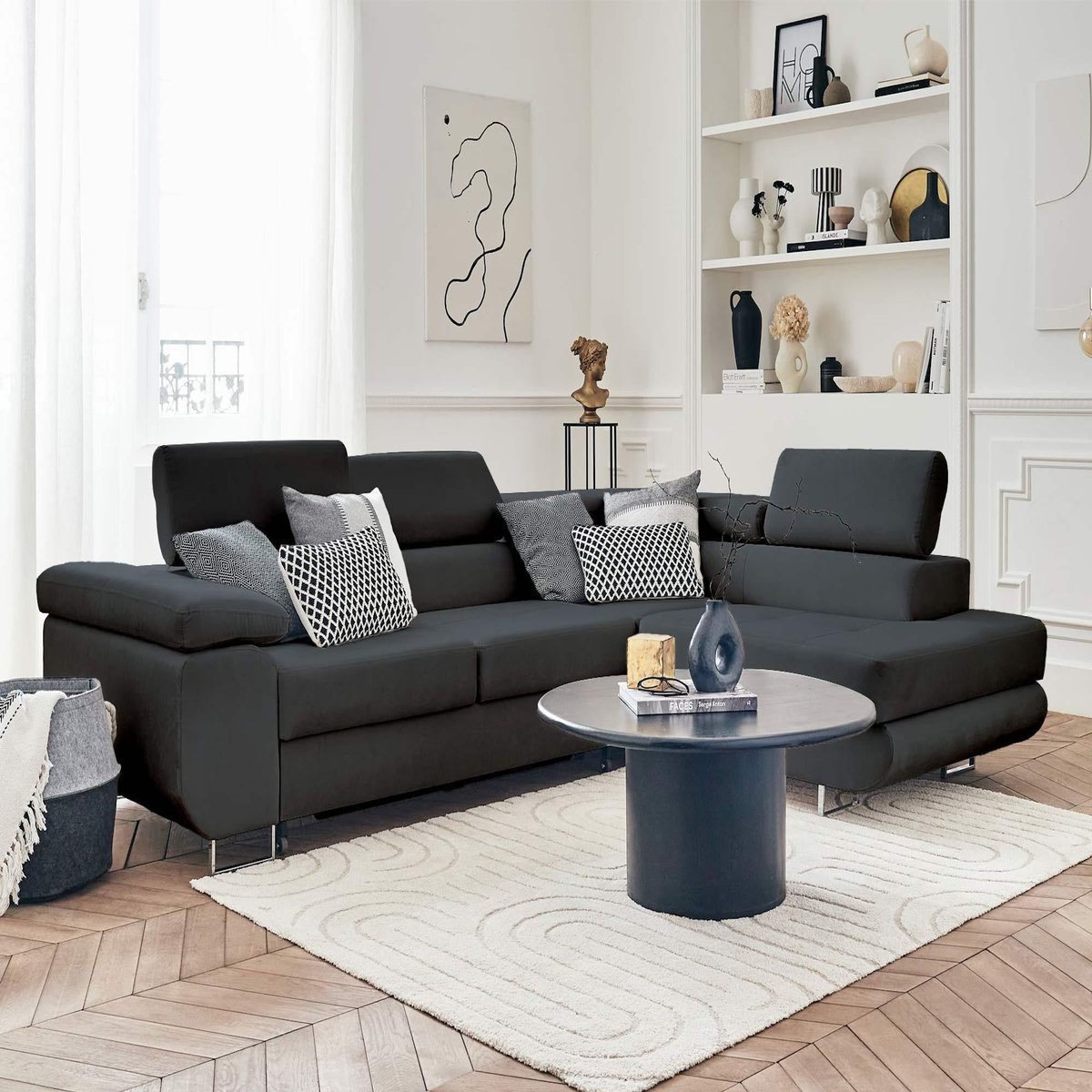 BEST MOBILIER Pablo - canapé d'angle droit - 5 places - convertible avec coffre et têtières réglables - en velours