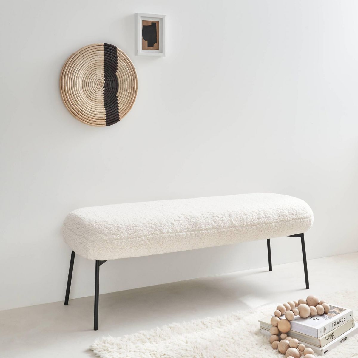 SWEEEK Banc, bout de lit avec revêtement bouclette, pieds en métal noir, L 120 x P 41 x H 42,5 cm